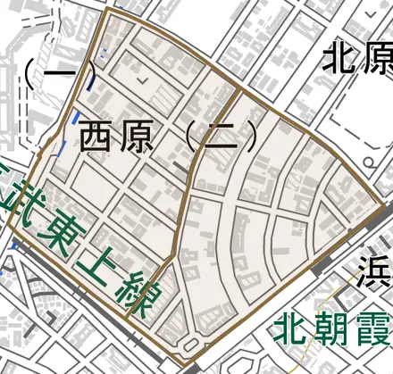 西原とその周辺の地図。町の範囲を重ねている