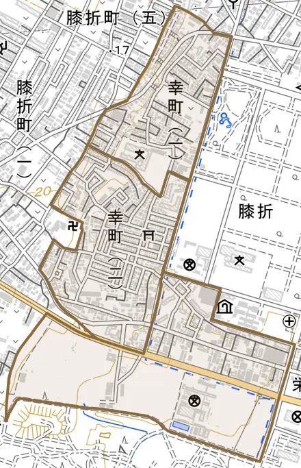幸町とその周辺の地図。町の範囲を重ねている