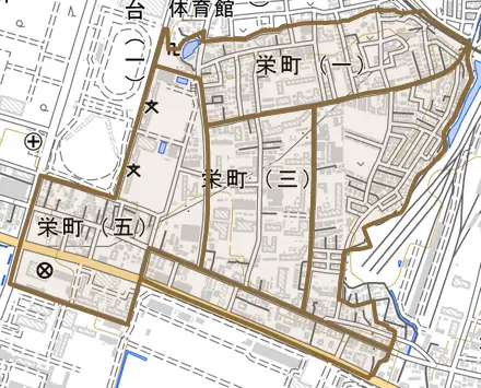 栄町とその周辺の地図。町の範囲を重ねている