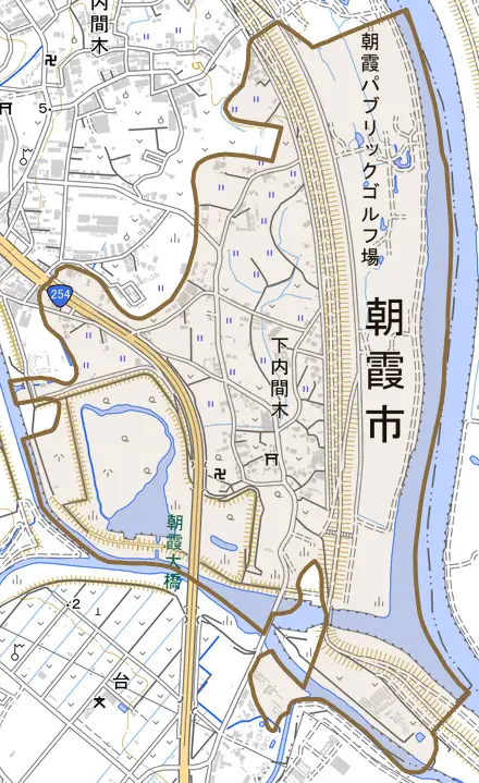 大字下内間木とその周辺の地図。町の範囲を重ねている