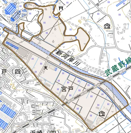 大字宮戸とその周辺の地図。町の範囲を重ねている