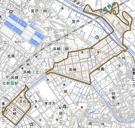 大字浜崎とその周辺の地図。町の範囲を重ねている