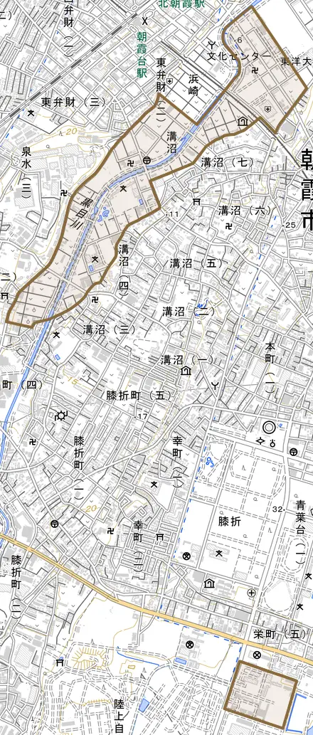 大字溝沼とその周辺の地図。町の範囲を重ねている