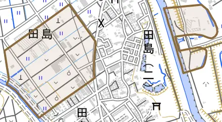 大字田島とその周辺の地図。町の範囲を重ねている