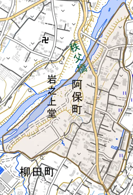 阿保町とその周辺の地図。町の範囲を重ねている