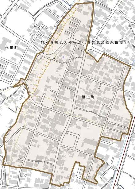 相生町とその周辺の地図。町の範囲を重ねている