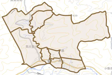 荒川贄川とその周辺の地図。町の範囲を重ねている