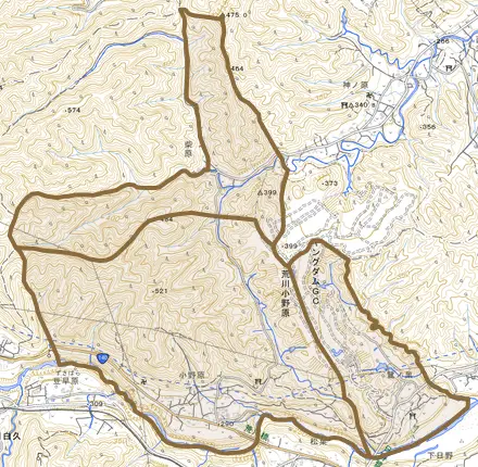荒川小野原とその周辺の地図。町の範囲を重ねている