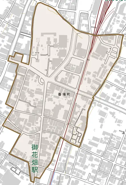番場町とその周辺の地図。町の範囲を重ねている