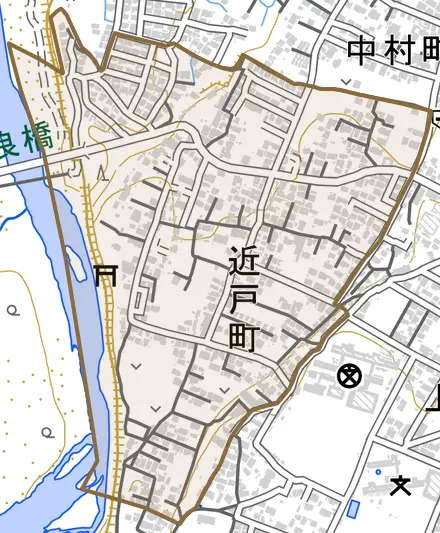 近戸町とその周辺の地図。町の範囲を重ねている