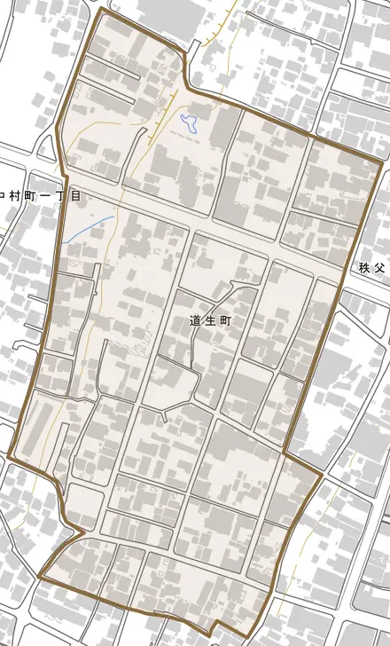 道生町とその周辺の地図。町の範囲を重ねている