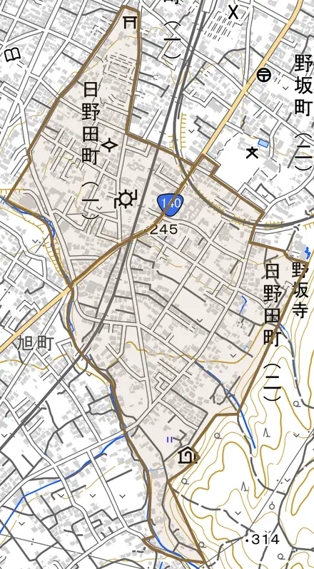 日野田町とその周辺の地図。町の範囲を重ねている