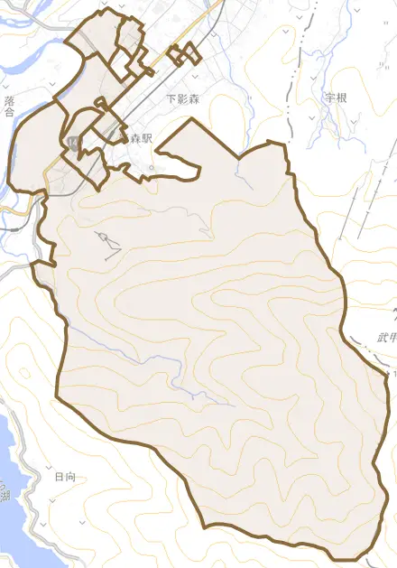 上影森とその周辺の地図。町の範囲を重ねている