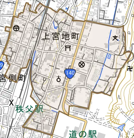 上宮地町とその周辺の地図。町の範囲を重ねている