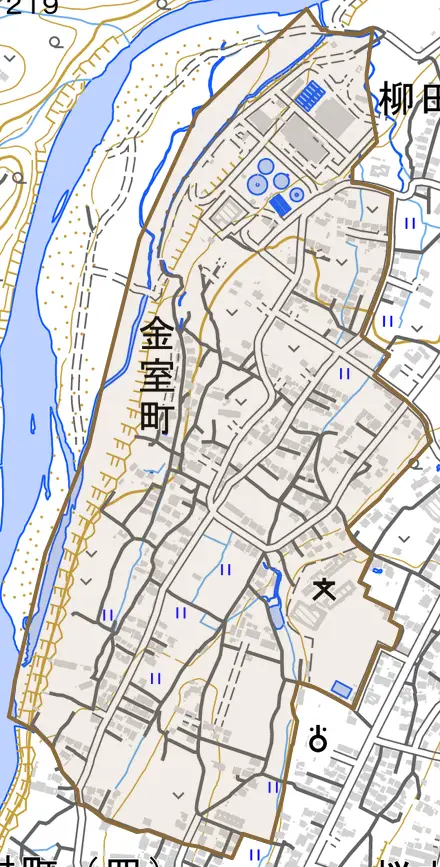 金室町とその周辺の地図。町の範囲を重ねている