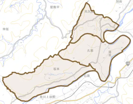 久那とその周辺の地図。町の範囲を重ねている