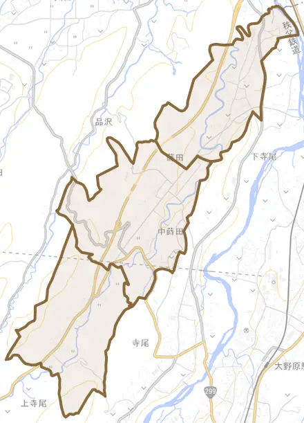 蒔田とその周辺の地図。町の範囲を重ねている