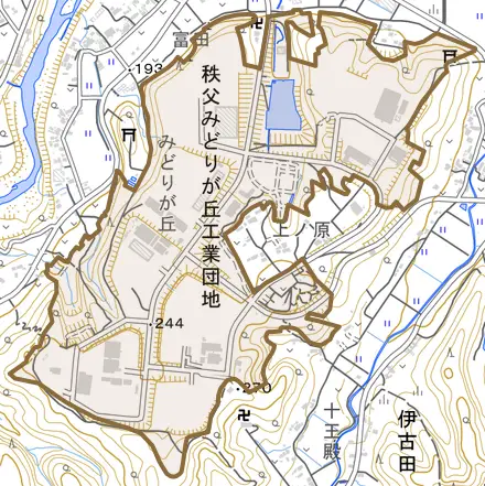 みどりが丘とその周辺の地図。町の範囲を重ねている