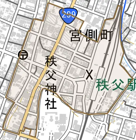 宮側町とその周辺の地図。町の範囲を重ねている