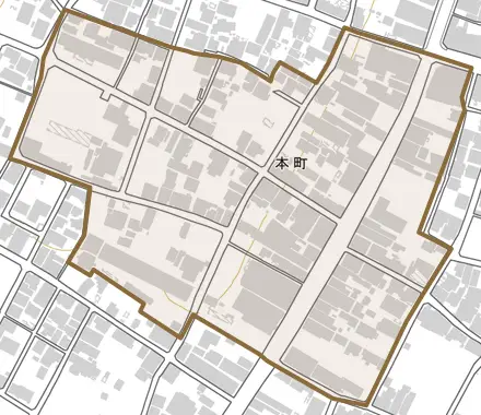 本町とその周辺の地図。町の範囲を重ねている