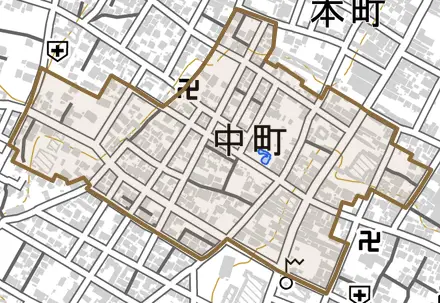 中町とその周辺の地図。町の範囲を重ねている