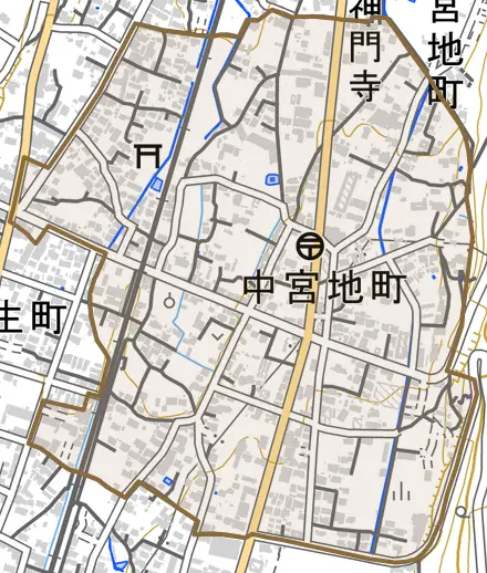 中宮地町とその周辺の地図。町の範囲を重ねている