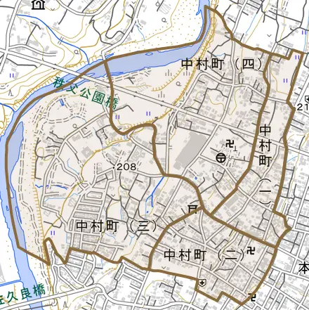 中村町とその周辺の地図。町の範囲を重ねている