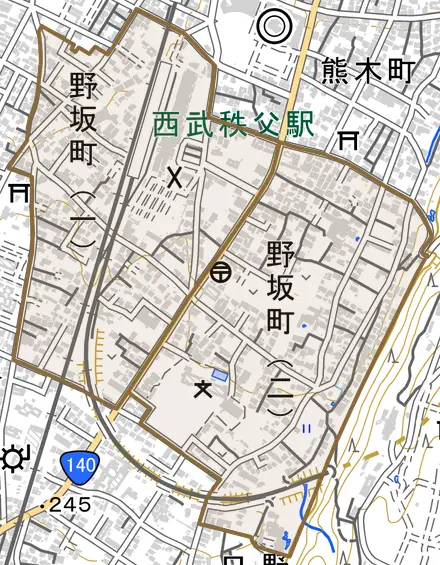 野坂町とその周辺の地図。町の範囲を重ねている