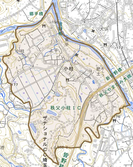 小柱とその周辺の地図。町の範囲を重ねている