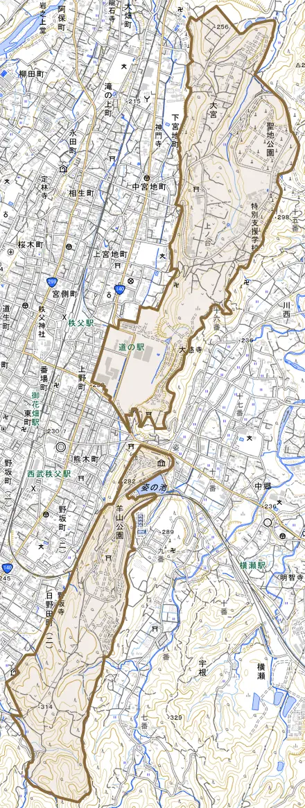 大宮とその周辺の地図。町の範囲を重ねている
