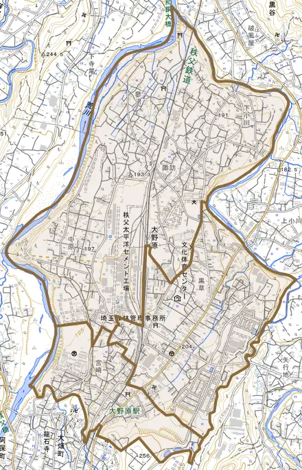 大野原とその周辺の地図。町の範囲を重ねている