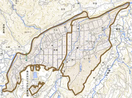 太田とその周辺の地図。町の範囲を重ねている