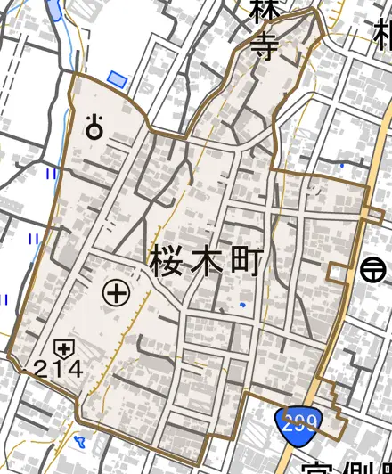 桜木町とその周辺の地図。町の範囲を重ねている