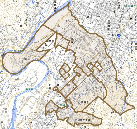 下影森とその周辺の地図。町の範囲を重ねている