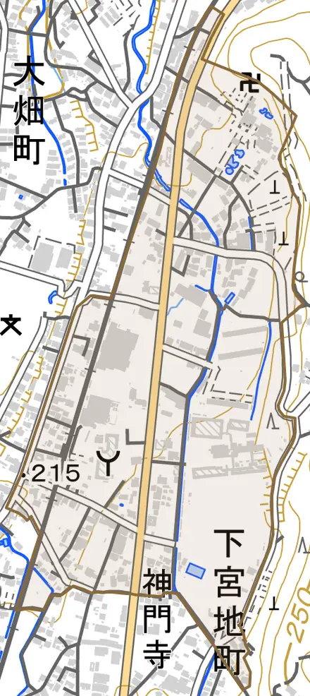 下宮地町とその周辺の地図。町の範囲を重ねている