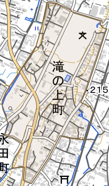 滝の上町とその周辺の地図。町の範囲を重ねている