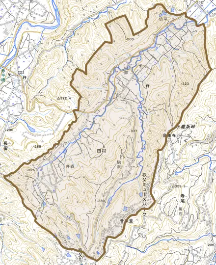 田村とその周辺の地図。町の範囲を重ねている