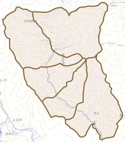 吉田石間とその周辺の地図。町の範囲を重ねている