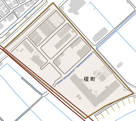 榎町とその周辺の地図。町の範囲を重ねている