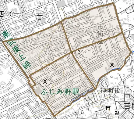 ふじみ野東とその周辺の地図。町の範囲を重ねている