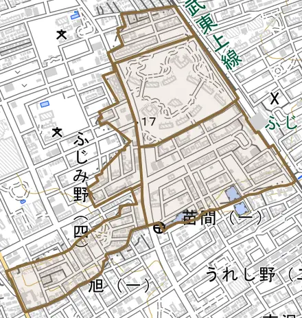 ふじみ野西とその周辺の地図。町の範囲を重ねている