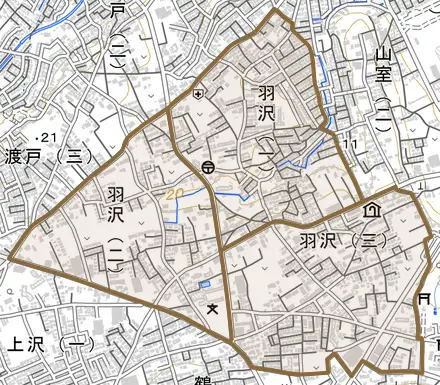 羽沢とその周辺の地図。町の範囲を重ねている