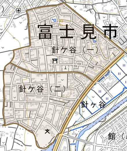 針ケ谷とその周辺の地図。町の範囲を重ねている