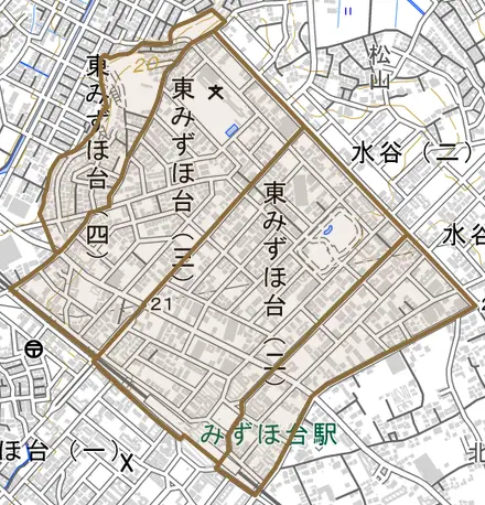 東みずほ台とその周辺の地図。町の範囲を重ねている