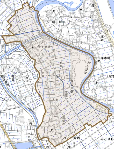 大字東大久保とその周辺の地図。町の範囲を重ねている