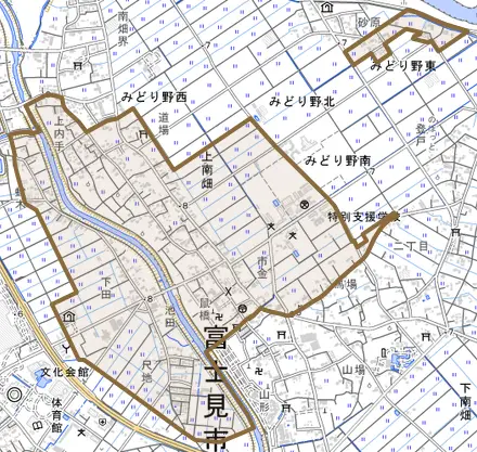 大字上南畑とその周辺の地図。町の範囲を重ねている