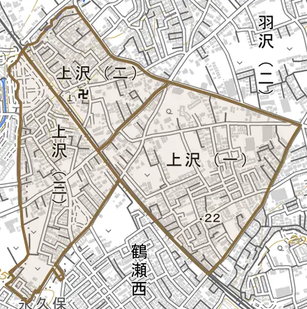 上沢とその周辺の地図。町の範囲を重ねている