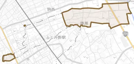 大字勝瀬とその周辺の地図。町の範囲を重ねている