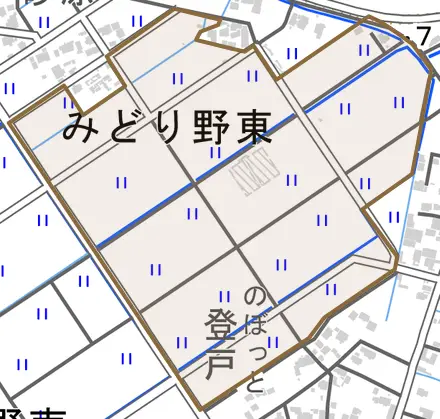 みどり野東とその周辺の地図。町の範囲を重ねている