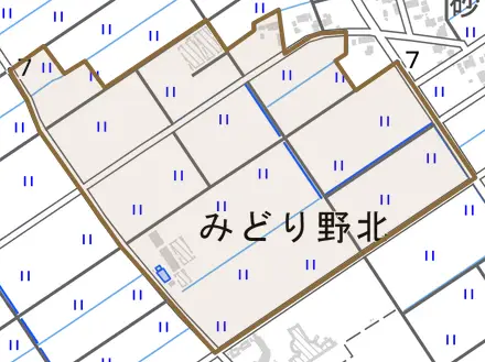 みどり野北とその周辺の地図。町の範囲を重ねている